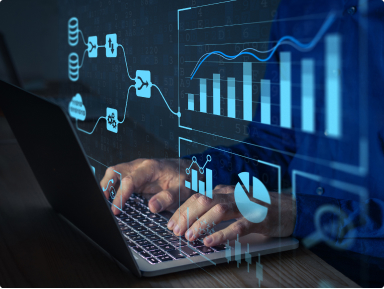 Image of a a laptop with hands on the keyboard and an overlay of different graphs and flow charts