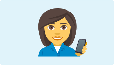 Emoji of a lady holding a mobile phone on a light blue background