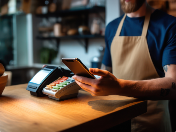 Image of a worker at a counter and an EFTPOS system on the top