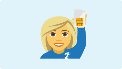 Emoji of a lady in a 2degrees top holding up a sim card on a light blue background