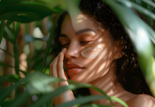 Photo of a woman applying a skincare cream to her face surrounded by plants