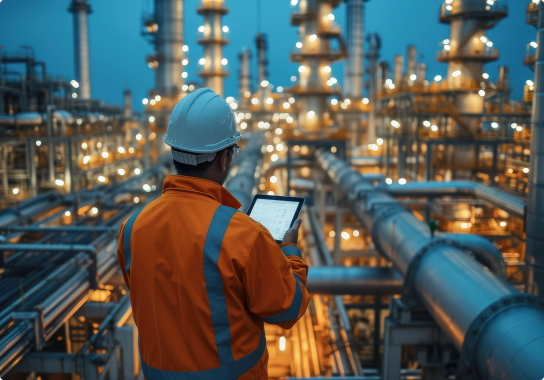 Image of a man using a tablet wearing a high visibility jacket and a hard hat facing towards piping