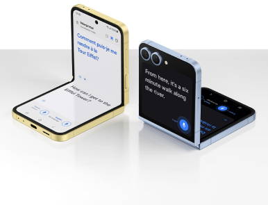 Image of two Samsung Galaxy Flip phones sitting side by side translating French to English and vice versa