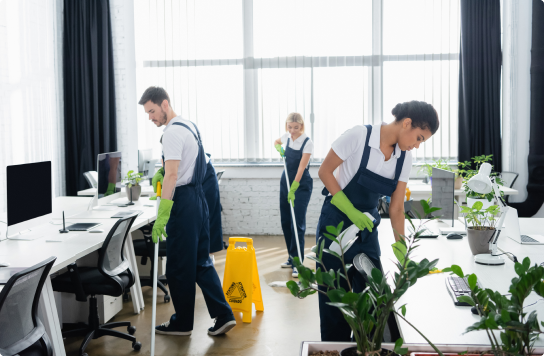 Image of three cleaners cleaning an office space