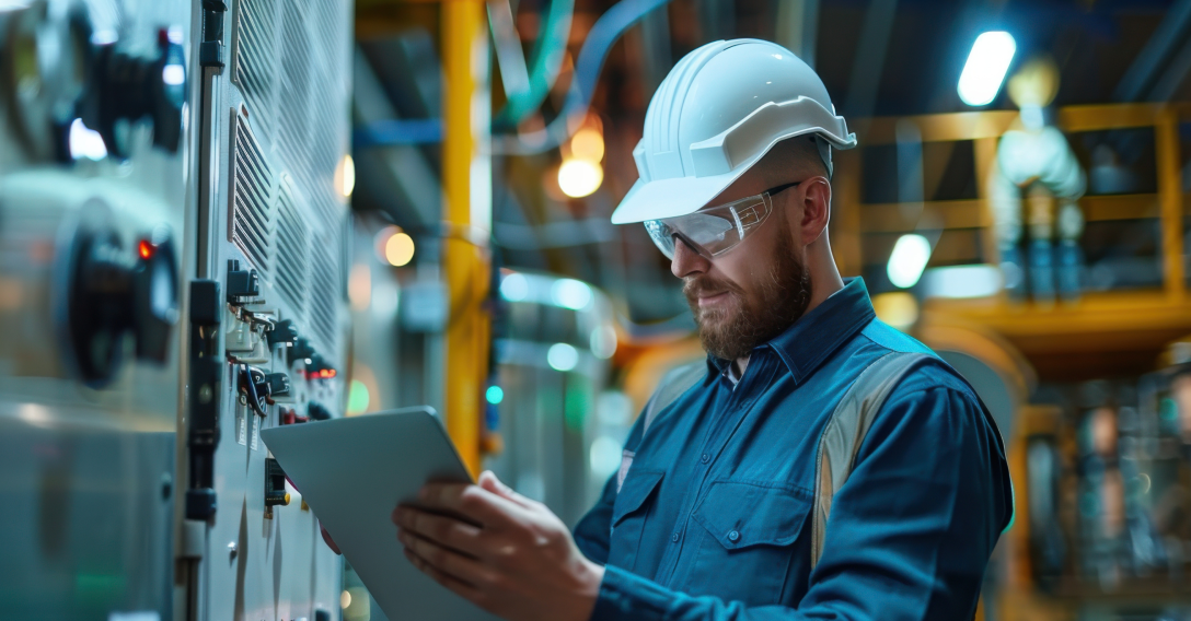 Constructions worker wearing a hardhat working on a tablet 