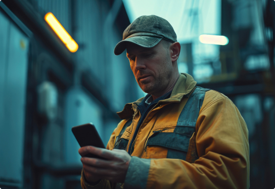 Image of a male repair worker wearing a high visibility jacket on his mobile phone