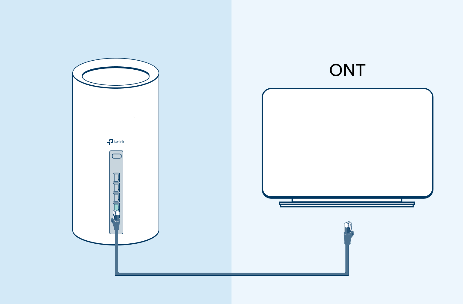 Image of the modem and a cable connecting the modem to the ONT on a light blue background