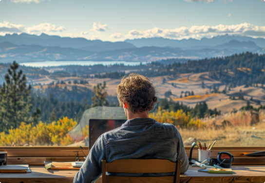 Image of a man working at a laptop in front of a window with a New Zealand landscape in front of him