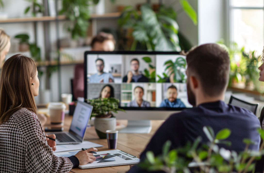 Workers sitting at a table with a desktop computer showing other workers on a video call