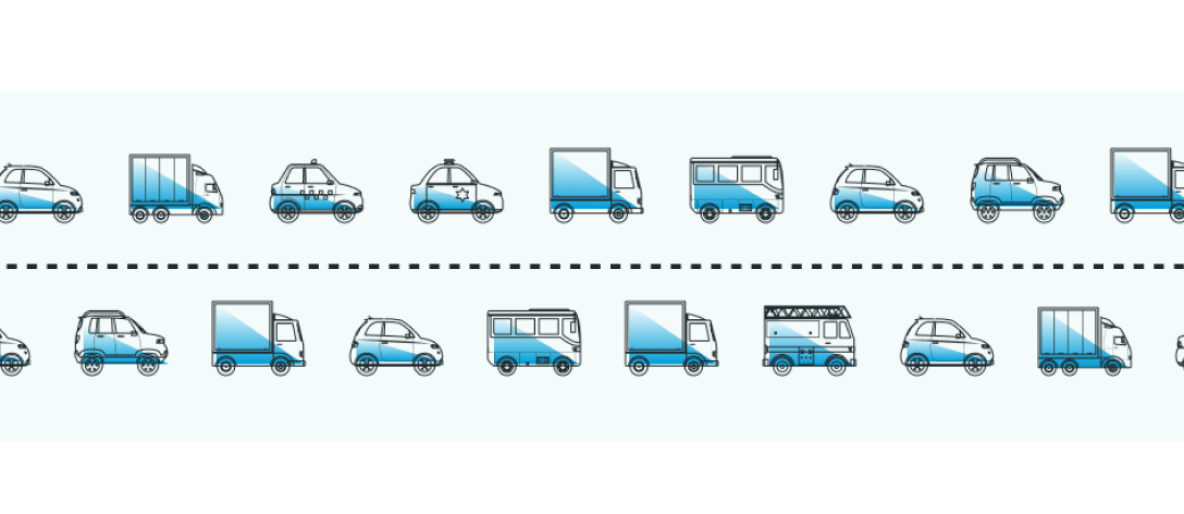 Cartoon image of traffic a two lane road where the traffic is all bumper to bumper