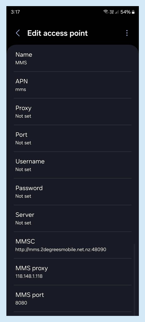 Screenshot showing the MMS settings for access point names