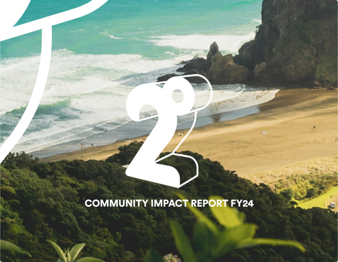 Photo of a beach with the 2degrees logo and Community Impact Report FY24 overtop