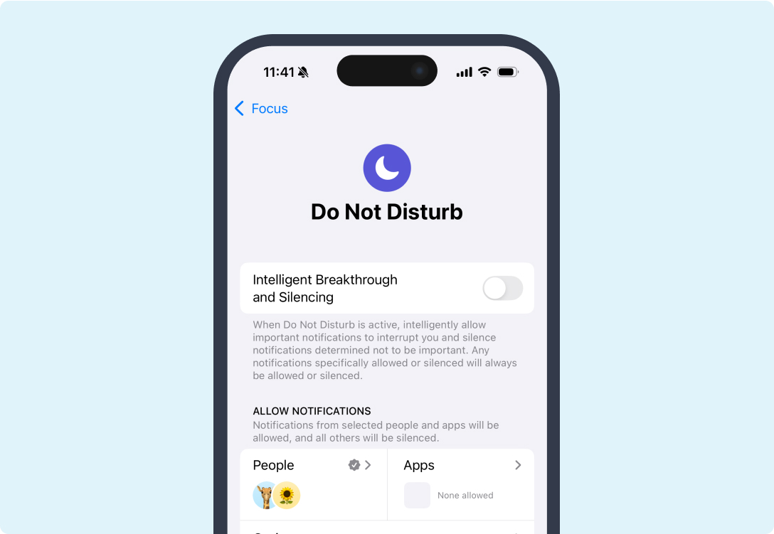 Screenshot of the Do not disturb settings on an iPhone on a light blue background