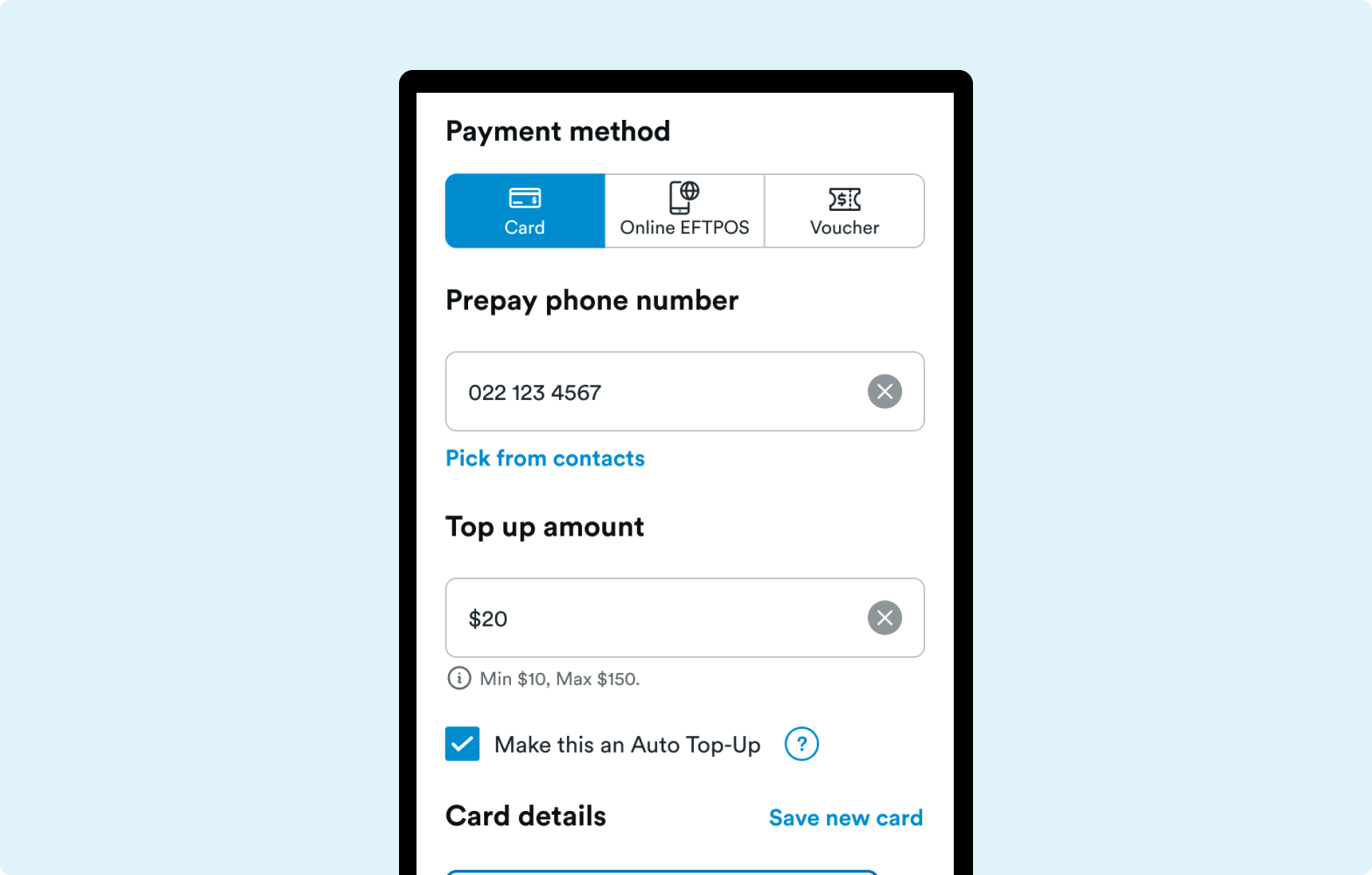 Screenshot of the mobile app payments screen showing the options to set up an automatic top up with a card