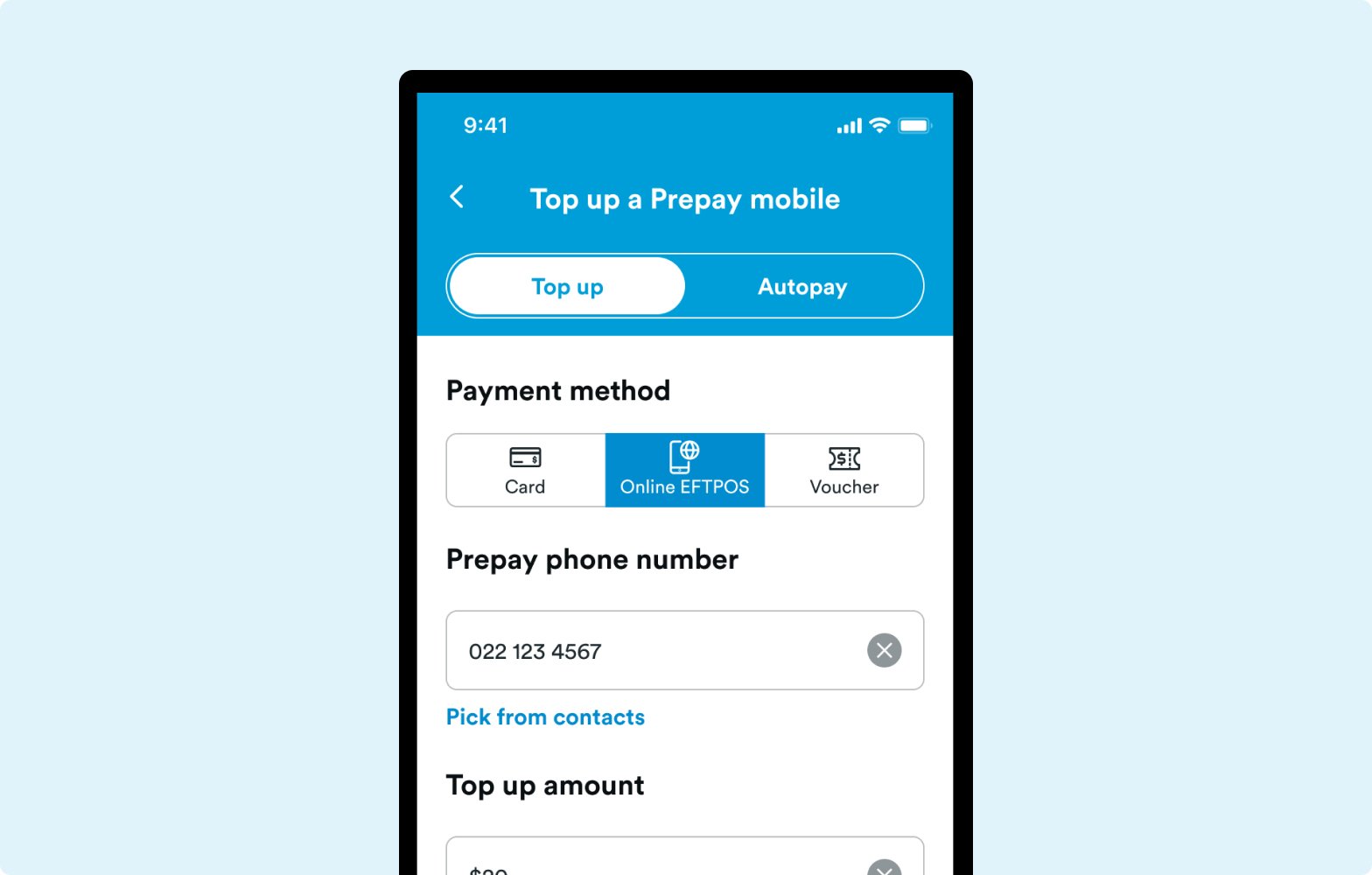 Screenshot of the 2degrees App and selected to online EFTPOS