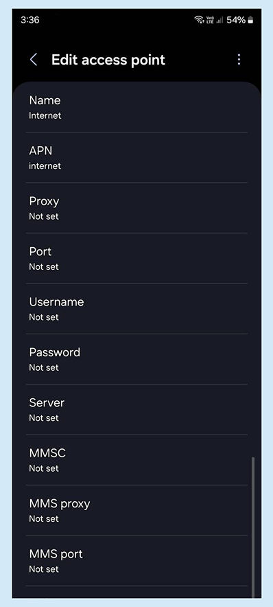 Screenshot of the Samsung Internet APN settings