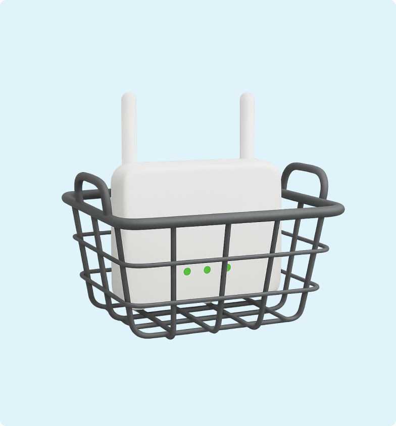 3D emoji of a modem sitting inside of a wire basket