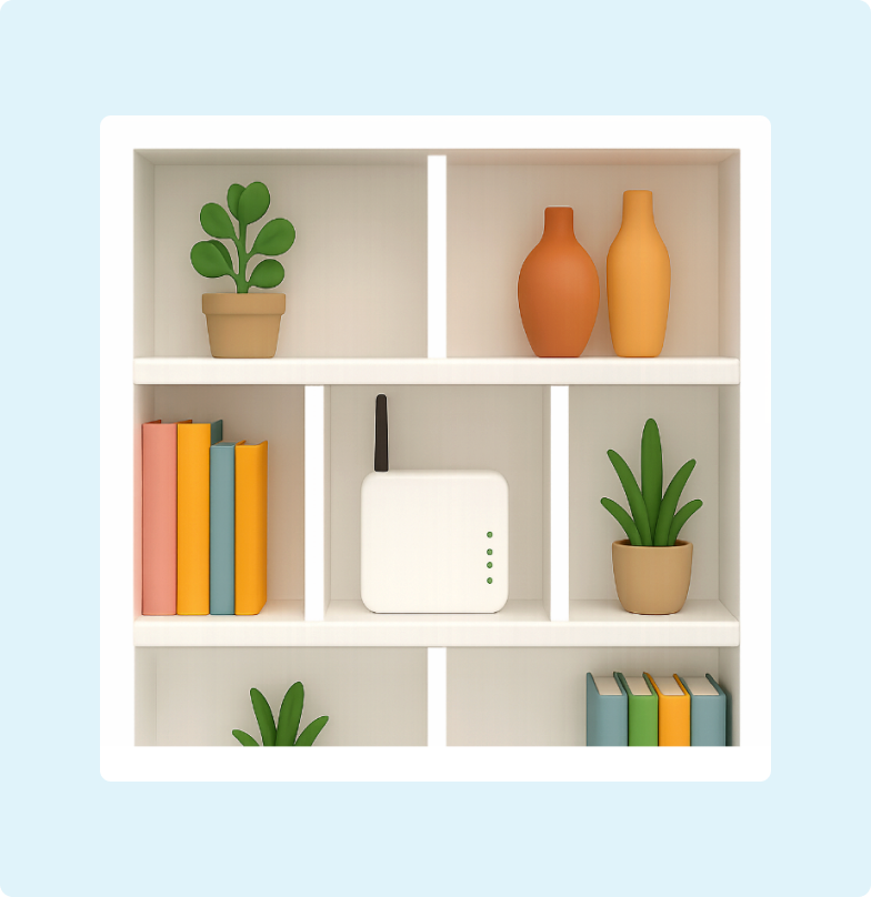 3D emoji of a bookshelf holding the modem, books and plants