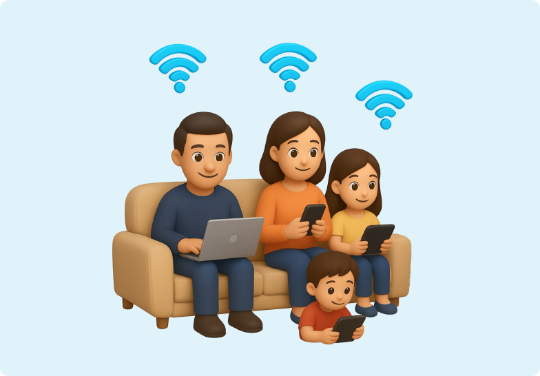 3D emoji of a family sitting on and around a couch with the father on a laptop, mother on her phone, daughter on a tablet and son sitting in front of the couch on a tablet