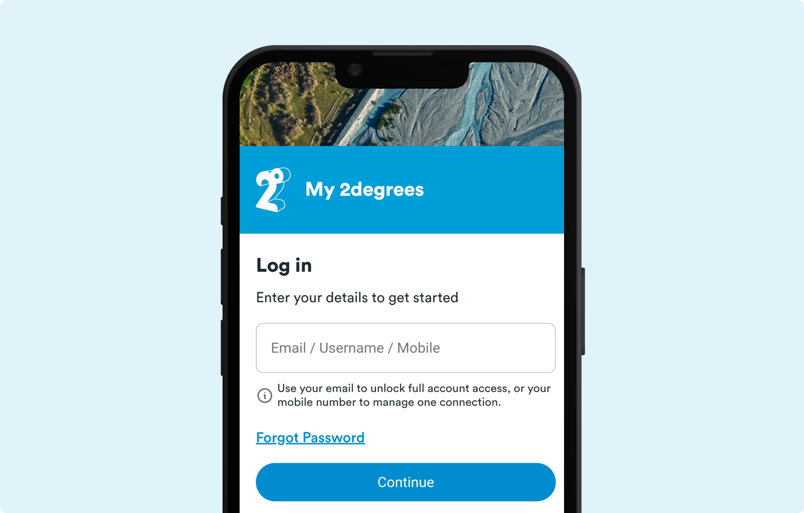 Screenshot of the 2degrees login on a mobile screen