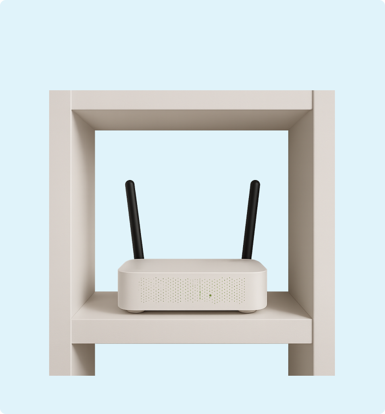 3D emoji image of a modem sitting on open shelving