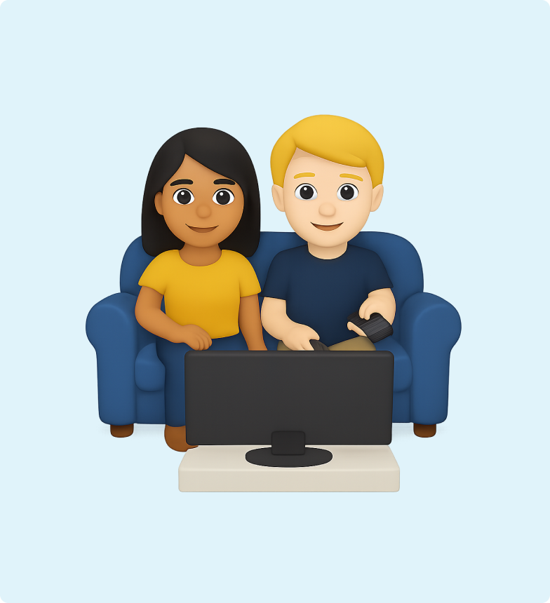 3D emoji of a couple sitting on a couch watching TV