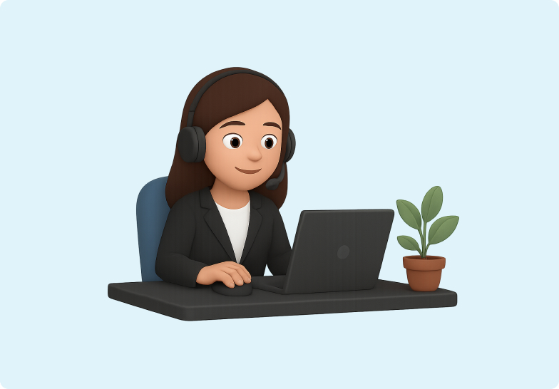 3D emoji of a woman sitting at a desk working on a laptop with a small house plant beside her