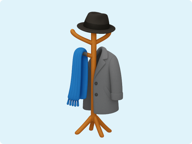 A 3d emoji image of a coat rack with coats and a hat on it