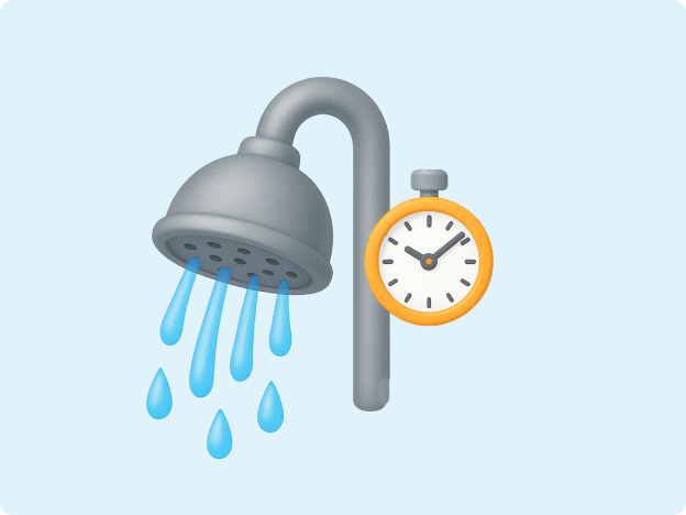 A 3d emoji of a shower head with water running out and a timer