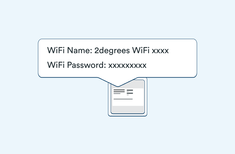 Image showing where to find the WiFi name and password on the back of the modem