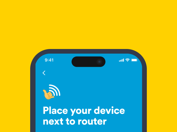 Screenshot of wifi scan in the app advising to place the phone near the router. Image is on a yellow background