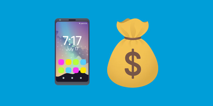 Emoji of a mobile phone and a bag of money with a dollar sign on it on a blue background