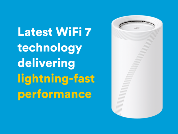 Image of the HB810 modem and text saying "Latest WiFi 7 technology delivering lightning-fast performance"