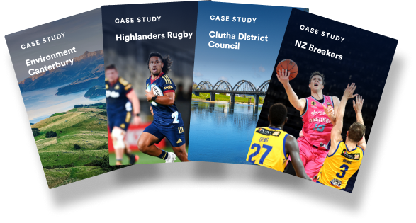 Image of the case study teasers for Environment Canterbury, Highlanders Rugby, Clutha District Council and NZ Breakers