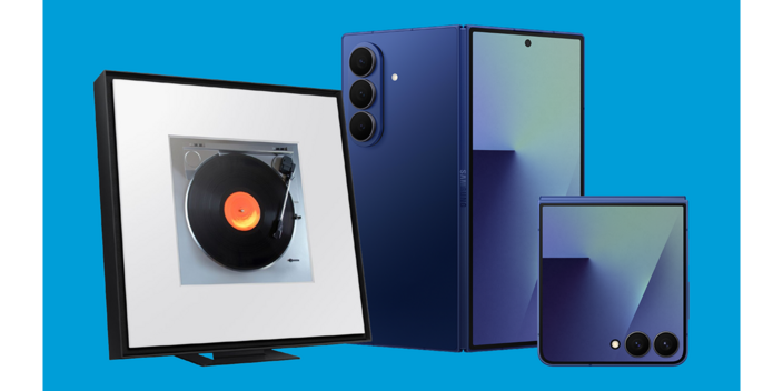 Image of the Samsung Galaxy Z Fold7 and Z Flip7 and a Samsung Music Frame