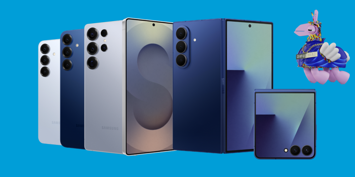 Image of the Samsung S25 Series and Z7 Series smartphones on a blue background with Sammysung Data Pinata